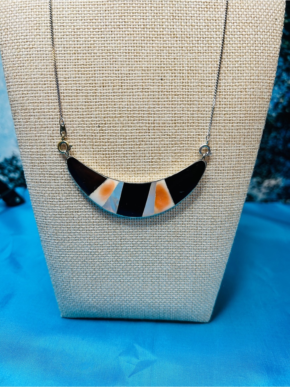 Vintage Silver Crescent Mosaic Inlay Necklace Spiny Oyster & Mother of Pearl